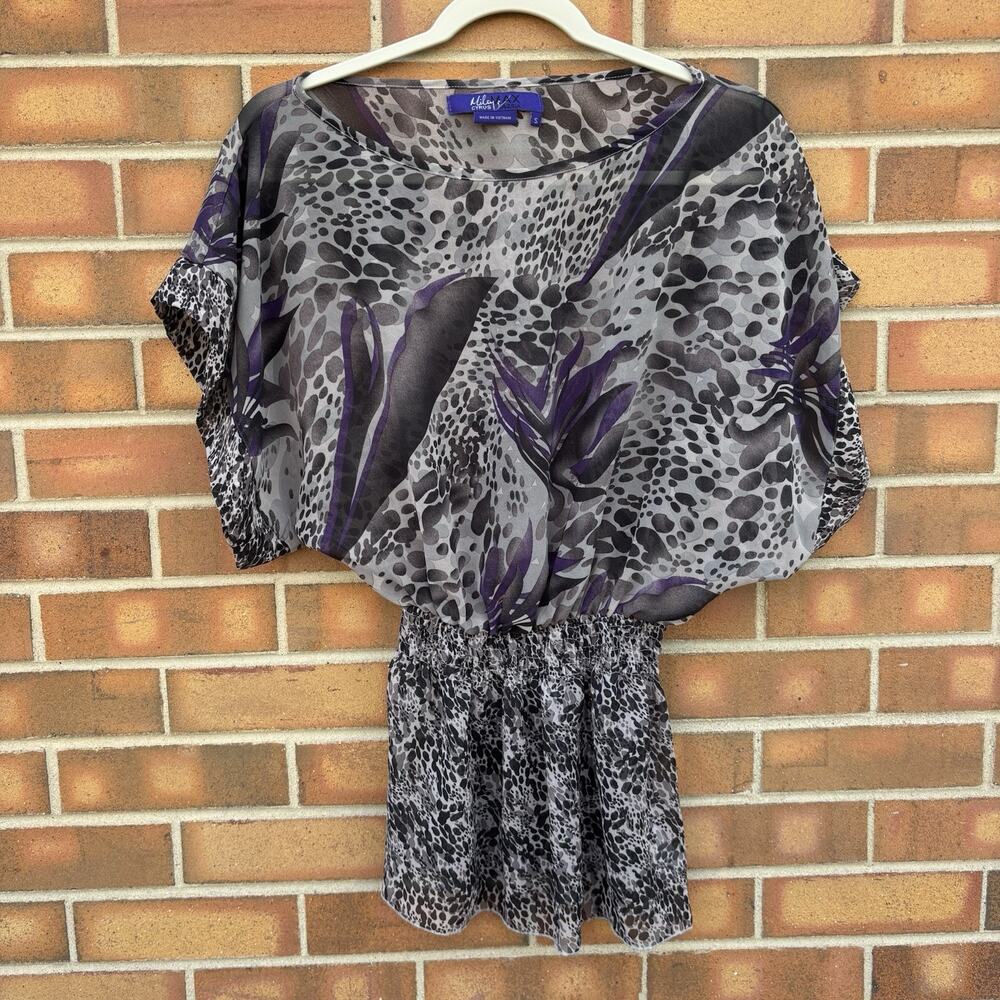 Y2K Miley Cyrus Max Azria Top Sz S Gray Purple Sheer Smocked Waist Dolman Blouse